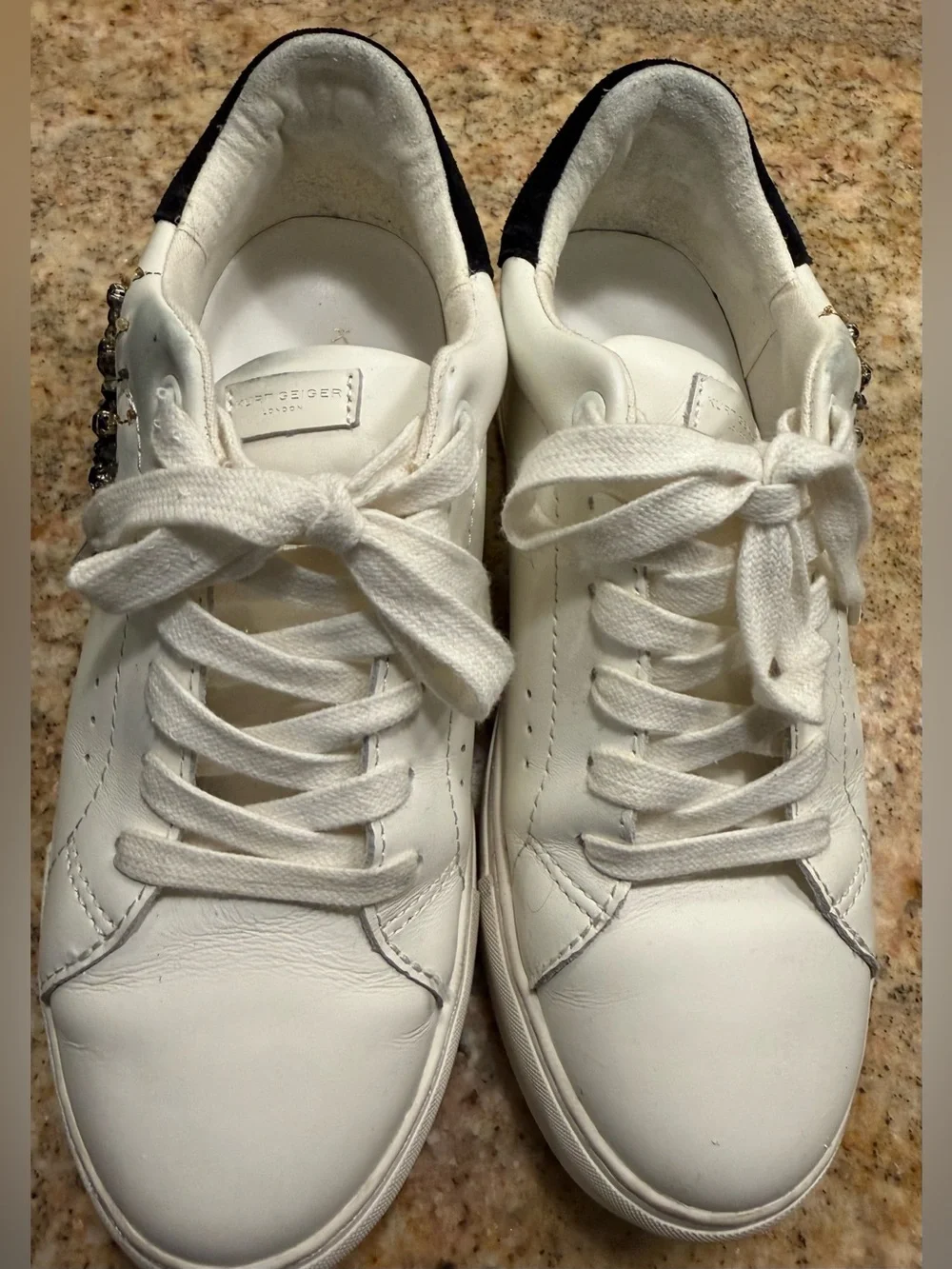 Kurt Geiger White Leather Platform Sneaker with Beaded Eye Motif